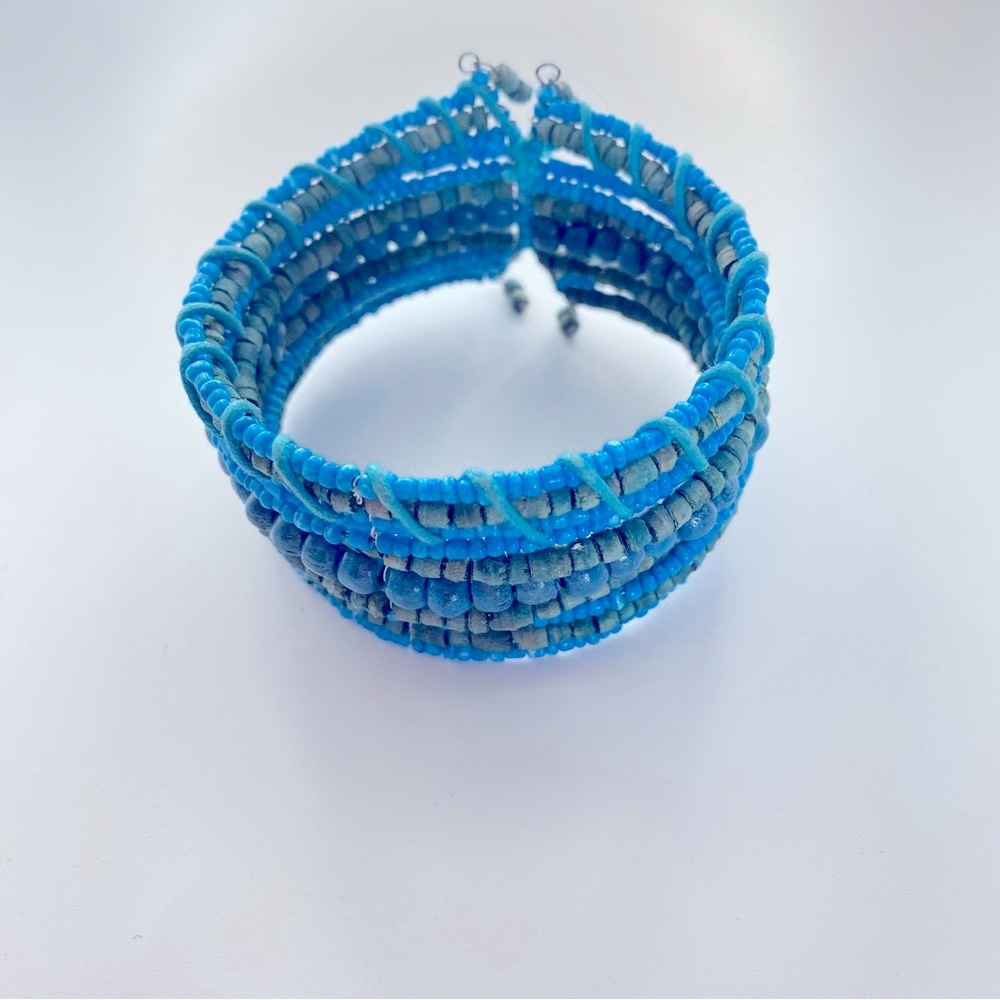 Seed Bead Cuff Bracelet 7.5” Blue Green Turquoise Flexible Wood Boho Summer